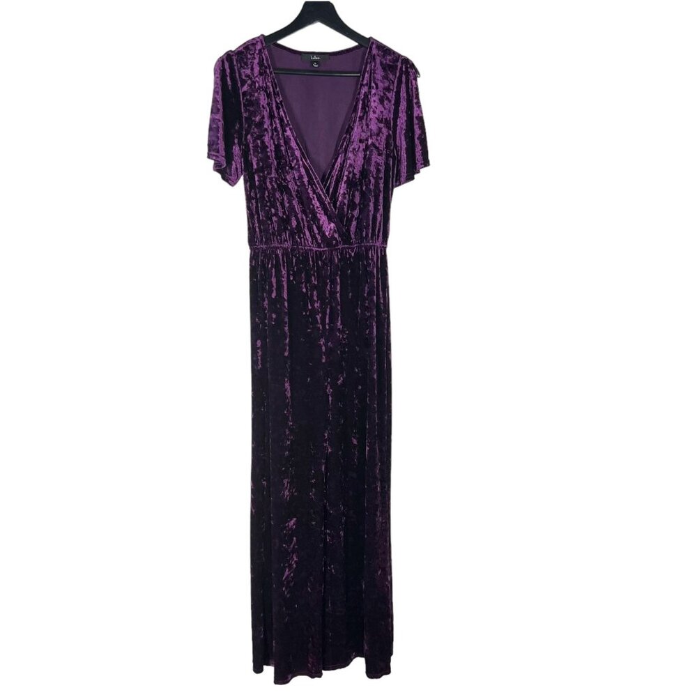 Lulus Purple Party Diva Crush Velvet Short Sleeve V Neck Wide Leg Jumpsuit Mediu